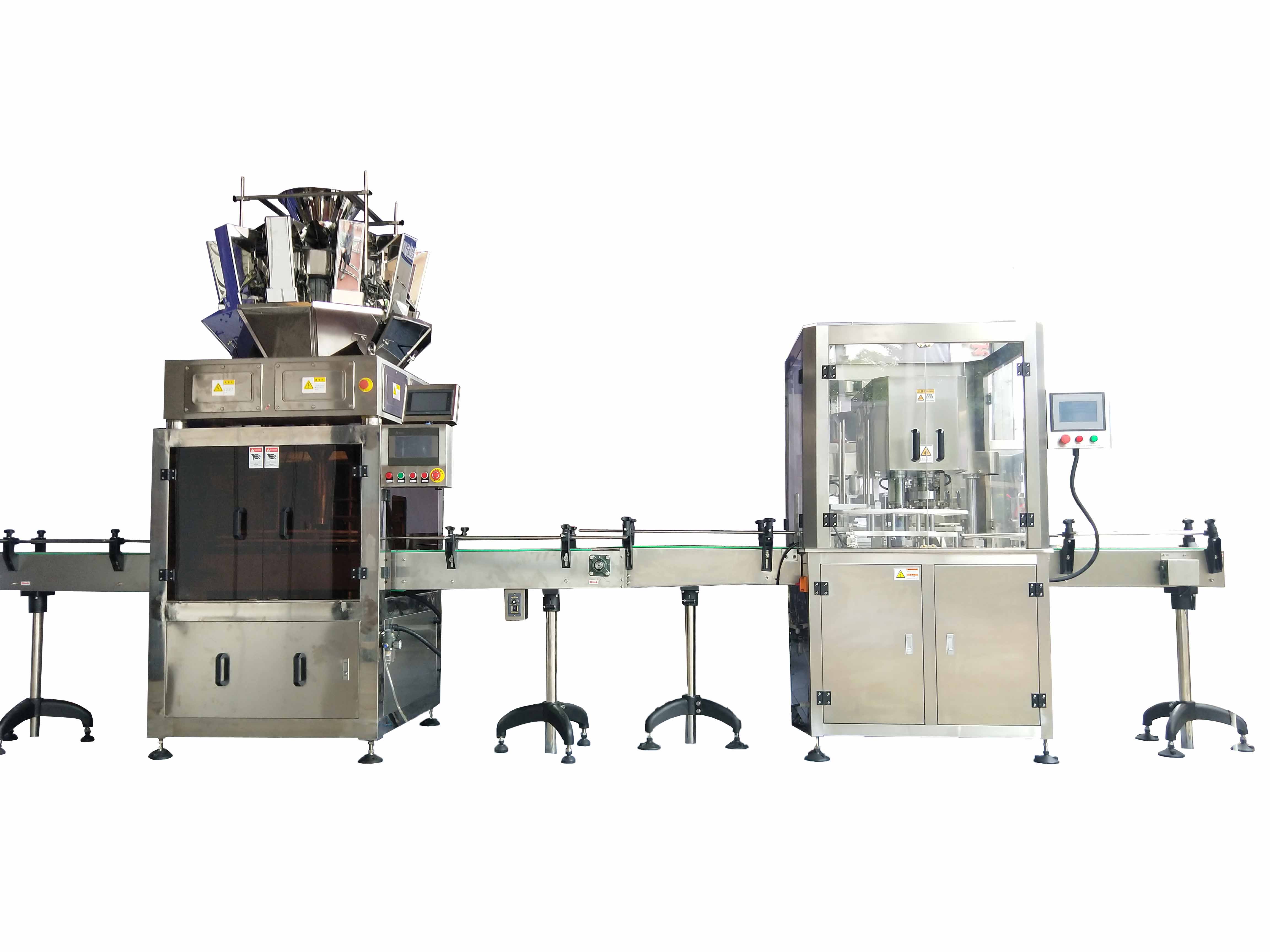 Multihead weighing packaging line for nuts