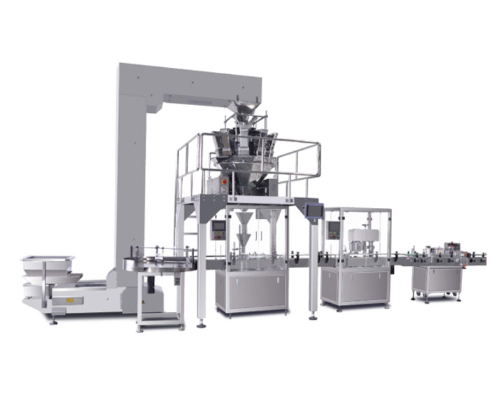 Multihead weighing packaging line for nuts